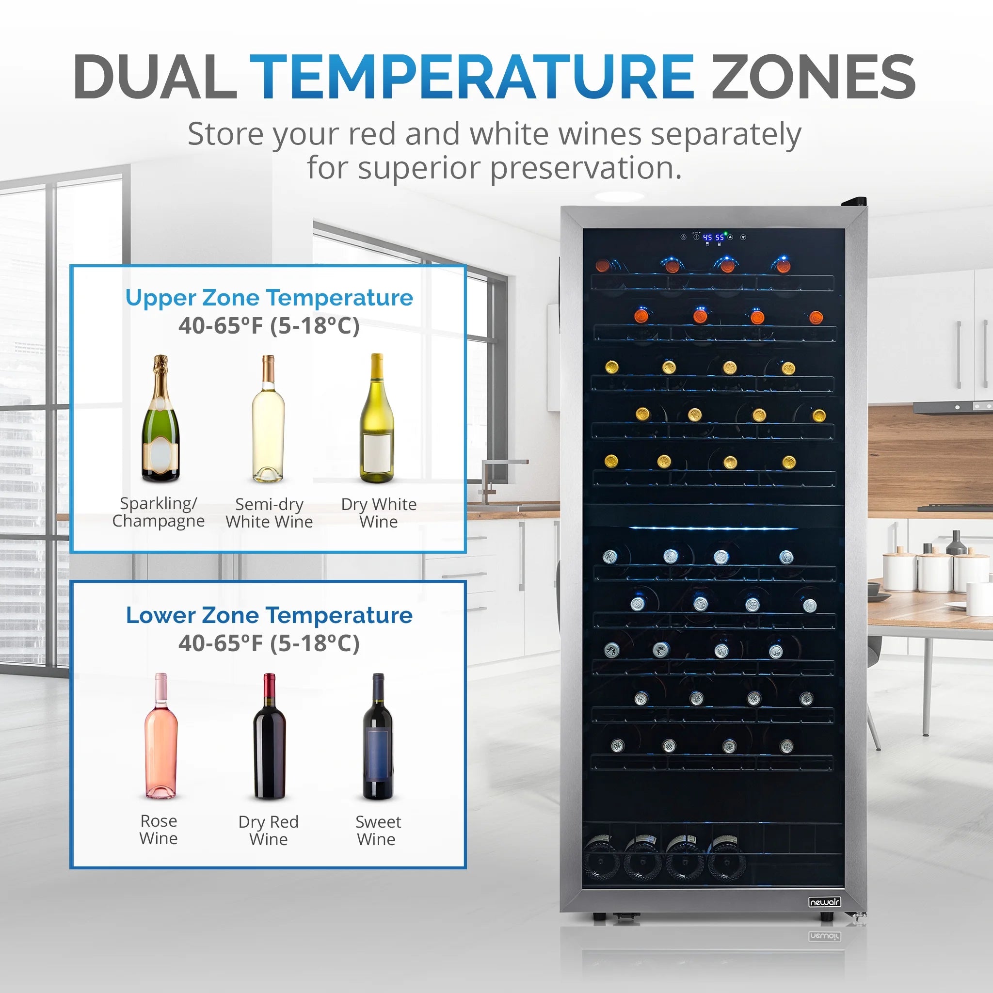 Freestanding Wine Refrigerator, 98 Bottle Dual Zone Compressor Wine Fridge in Stainless Steel thumbnail