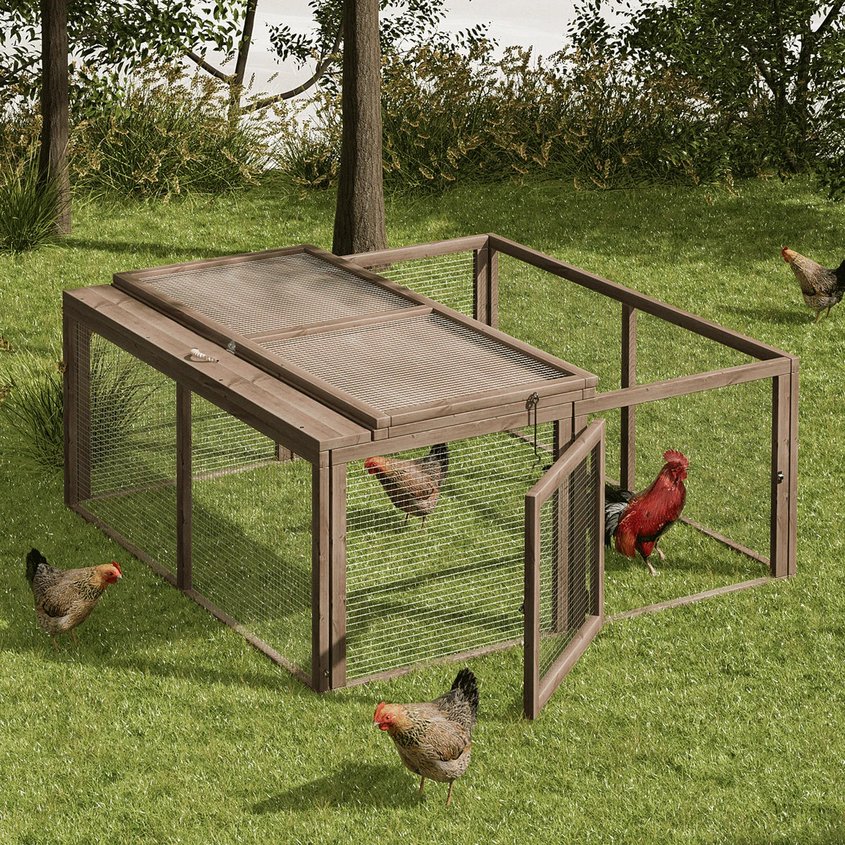 Chicken Coop Rabbit Hutch, 45.5" Wooden Chicken Run Hen House Duck Coop, Small Animal Poultry Cage Outdoor with Openable Roof and Side Door (Grey) thumbnail