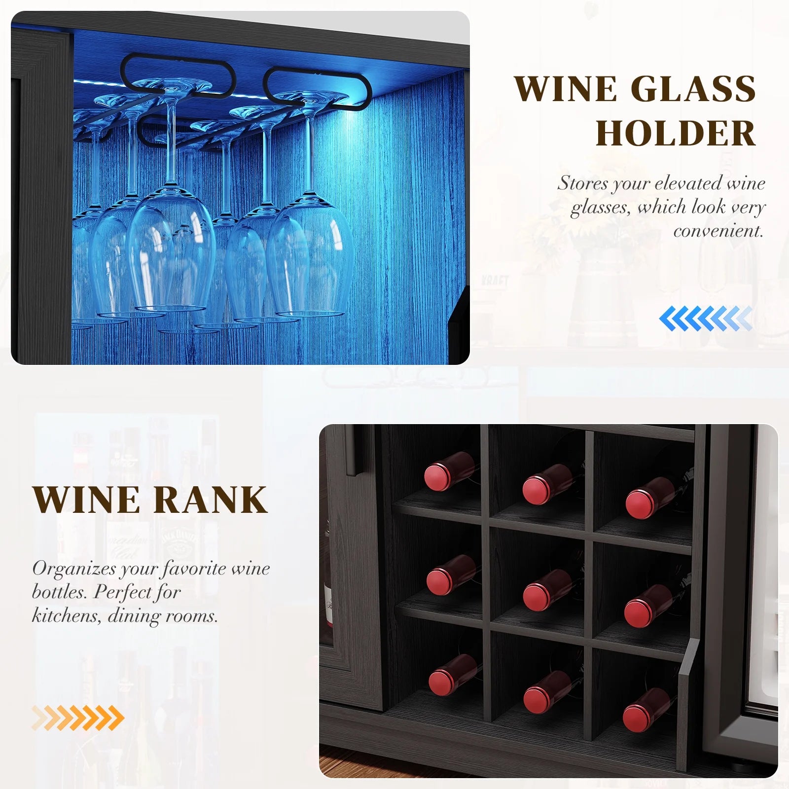 Wine Bar Cabinet with LED Lights & Fridge(Lncluded), Mini Fridge Cabinet with Wine Storage, Human Body Sensor, Sideboard Buffet for Kitchen Dining Room, Black
