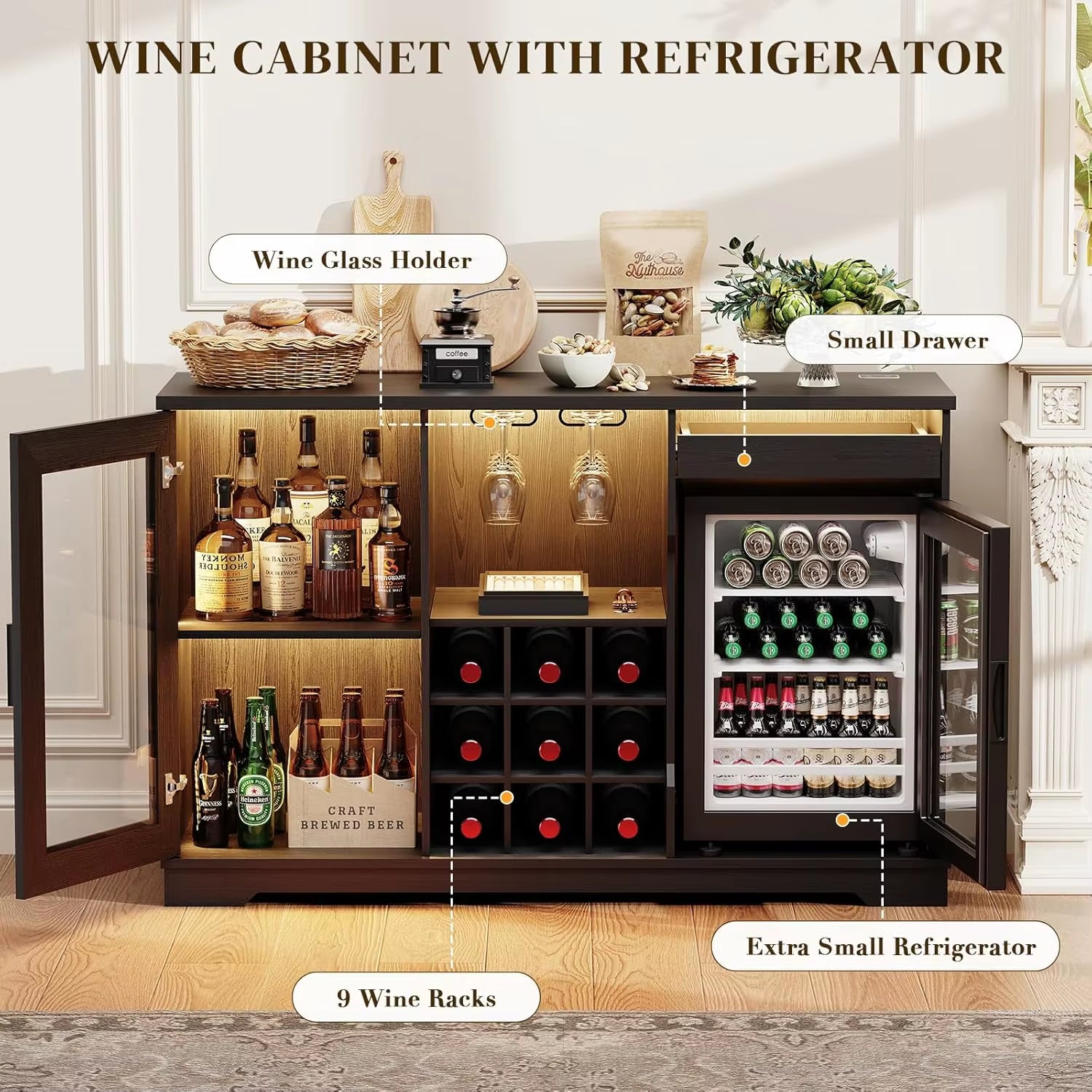 Wine Bar Cabinet with Fridge, LED Lights, Human Body Sensor, Black