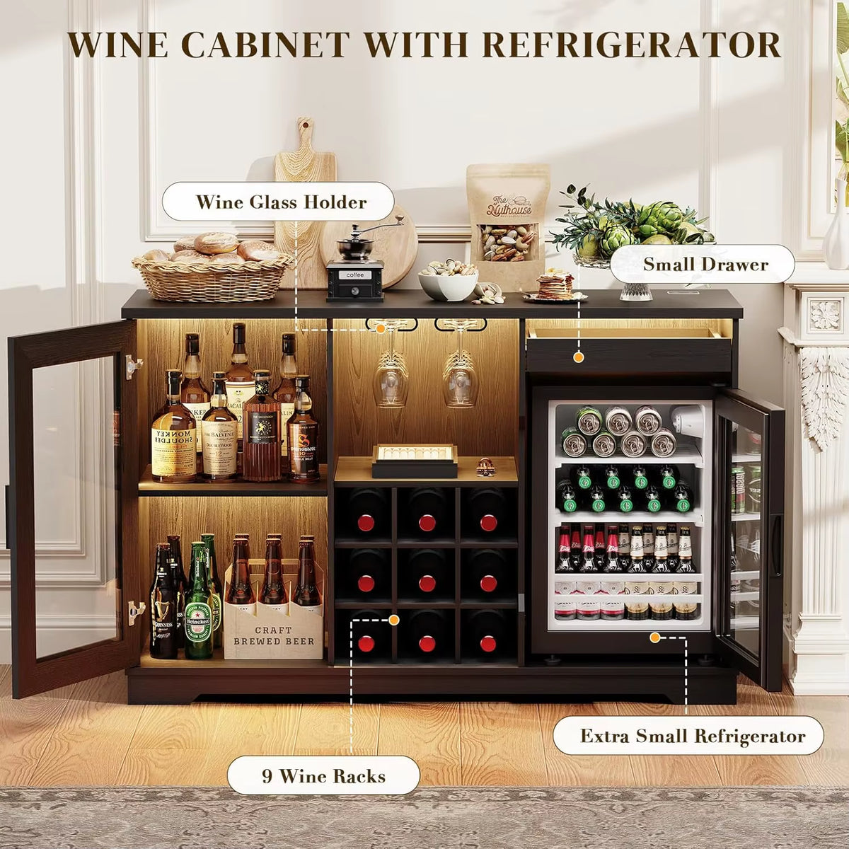 Wine Bar Cabinet with Fridge, LED Lights, Human Body Sensor, Black thumbnail