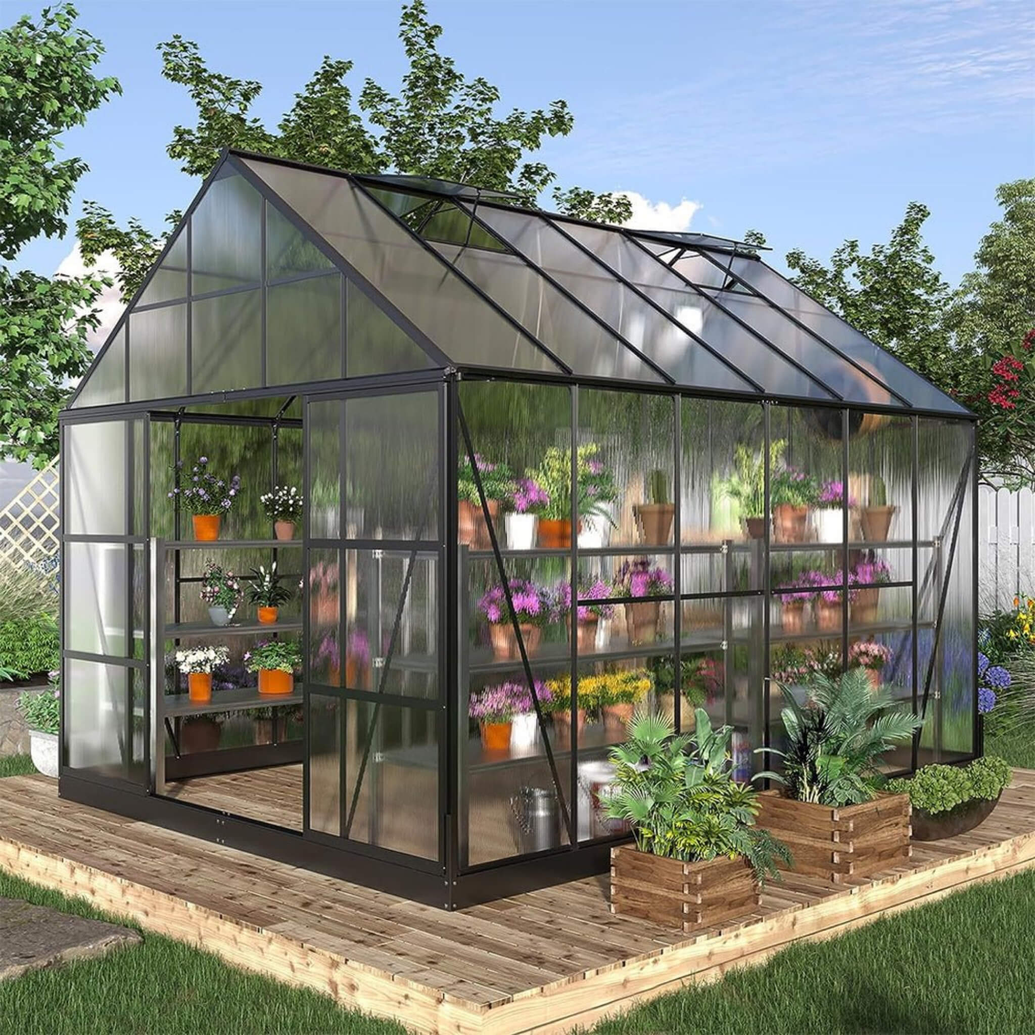 10FT X 12FT Heavy-Duty Outdoor Walk-In Polycarbonate Patio Greenhouse With Sliding Doors & Vents