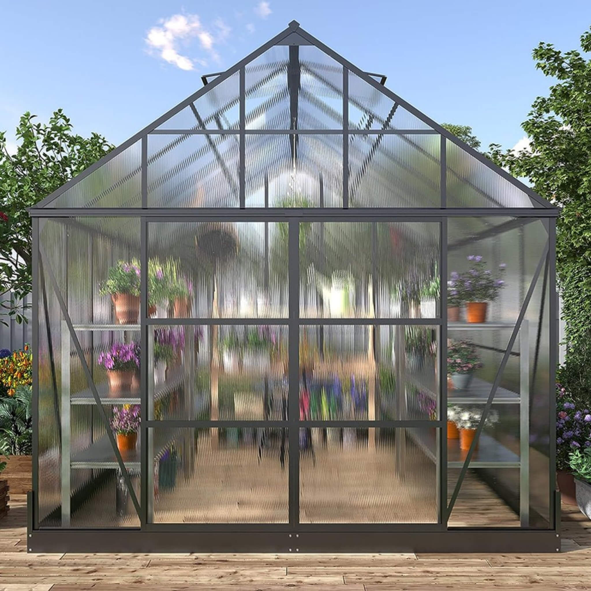 10FT X 12FT Heavy-Duty Outdoor Walk-In Polycarbonate Patio Greenhouse With Sliding Doors & Vents