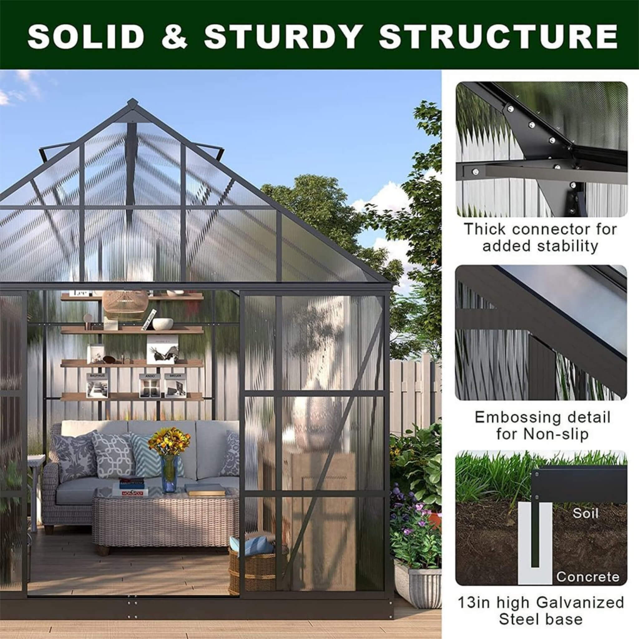 10FT X 12FT Heavy-Duty Outdoor Walk-In Polycarbonate Patio Greenhouse With Sliding Doors & Vents